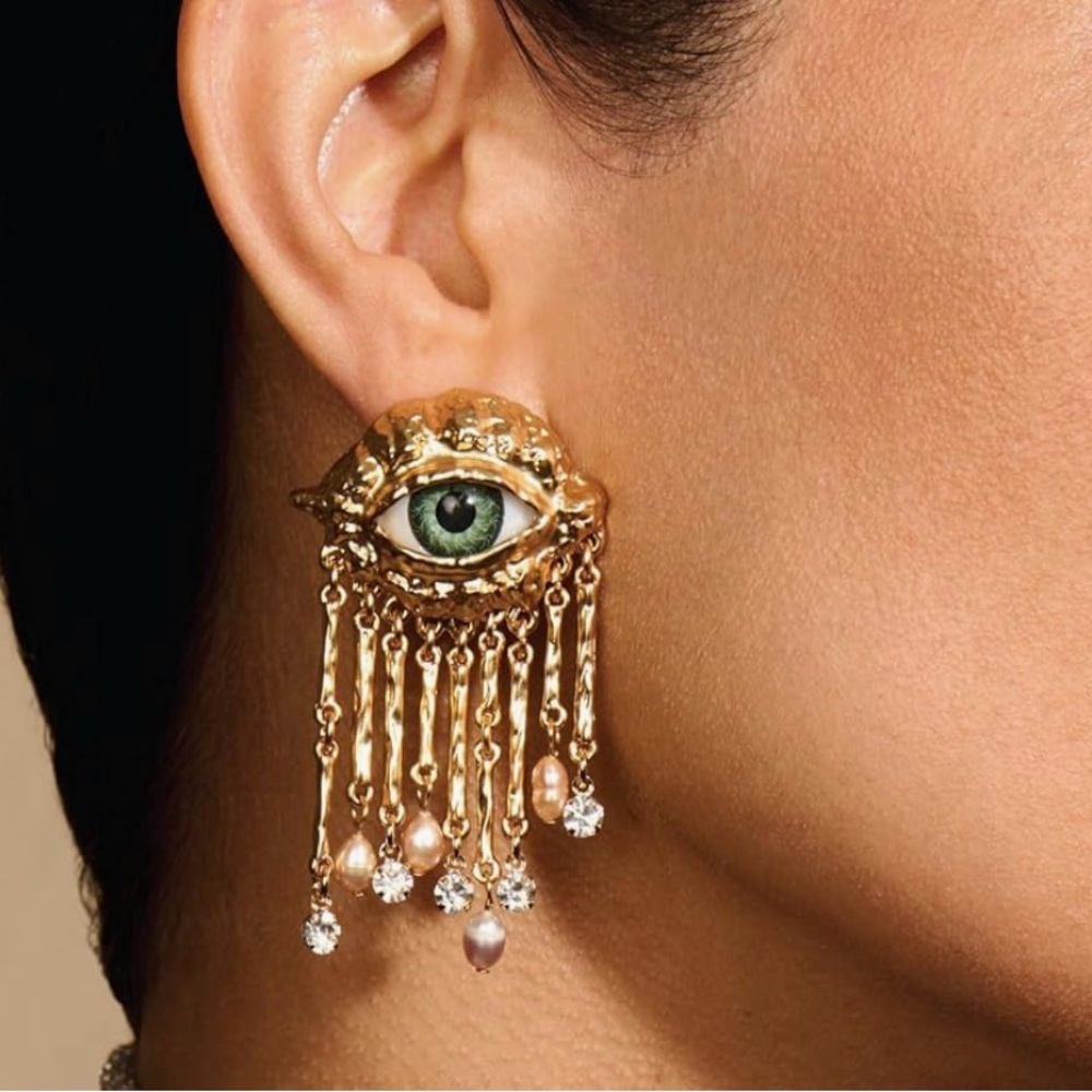 Gold Eye Earrings & Ring set with Pearls